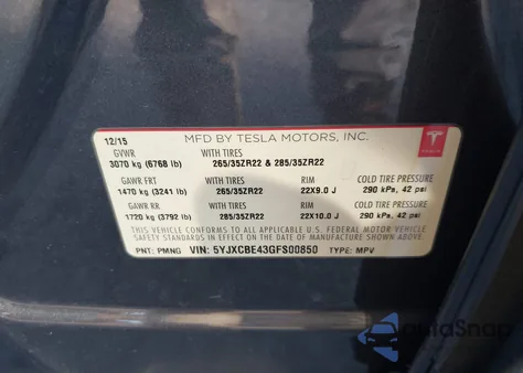 2016 Tesla Model X 75D/P100D/P90D z USA, uszkodzony, nr VIN 5YJXCBE43GFS00850